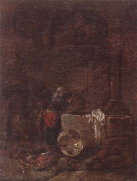 Willem Kalf A woman drawing water from a well under an arcade